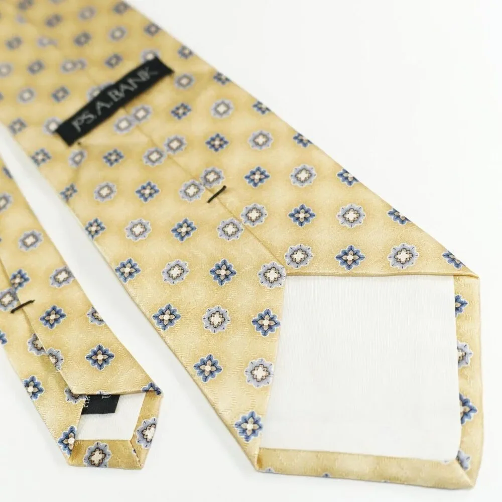 Jos A Bank Yellow Geometric Floral‎ Silk Wide Woven Tie Hand Sewn